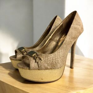 2B Bebe Heel Sz 9 Pumps Shiny Snake Print Gold Stiletto Leather‎ Wedding Elegant